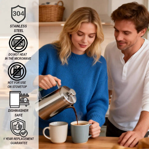 Couple using Stainless Steel French Press Coffee Maker 21 Oz Capacity Portable Camping Travel Coffee Press With Green Handle BPA Free.