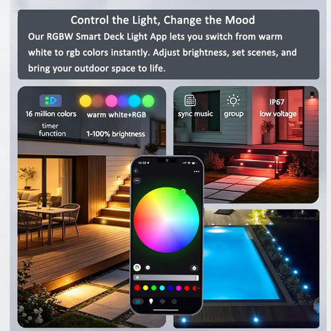 Smartphone displaying color options for Low Voltage LED Deck Lights 30 Pack RGBW Smart WiFi Recessed Step Lights by pool and stairs