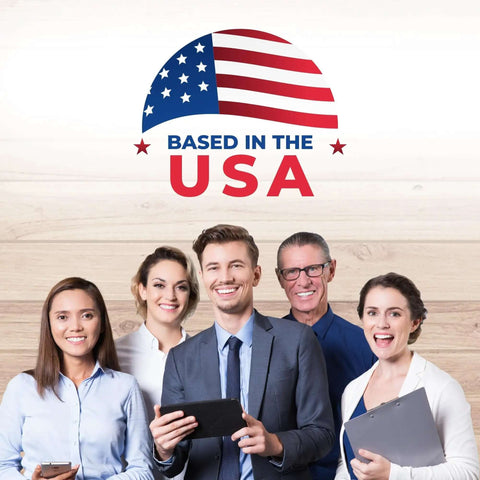 Group of smiling people standing under a USA flag graphic with 'Based in the USA' text.