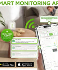 Smart Indoor Air Quality Monitor With Real Time CO2 PM1 PM2.5 PM10 TVOC HCHO Temperature And Humidity Data Via App For Home Office And Classrooms Plug And Play Hassle Free Setup Actionable Alerts And Peace of Mind For Healthier Air. showing phone app alerts