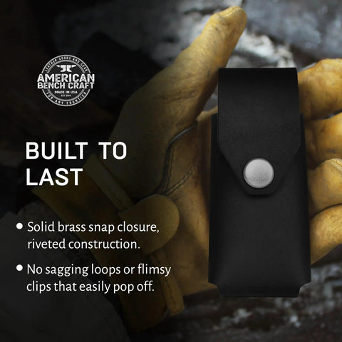 Beefy Full Grain Leather Belt Tool Holder For Surge Super Tool 300 Core Multitools Rugged Handmade Holster With Solid Brass Rivets And Strong Belt Loop For Quick Access And Lasting Protection displayed with gloved hand and text overlay "Built to Last"