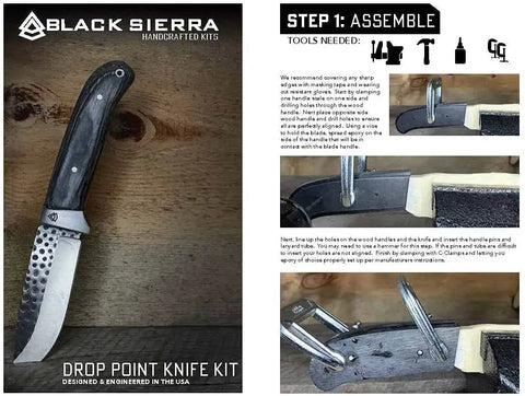DIY Knife Making Kit With Hammered Stainless Steel Blade 8Cr14MoV For Hunting Fishing And Survival Build Your Own Fixed Blade Knife Outdoor Hobby Craft Project showing assembly instructions and knife components.