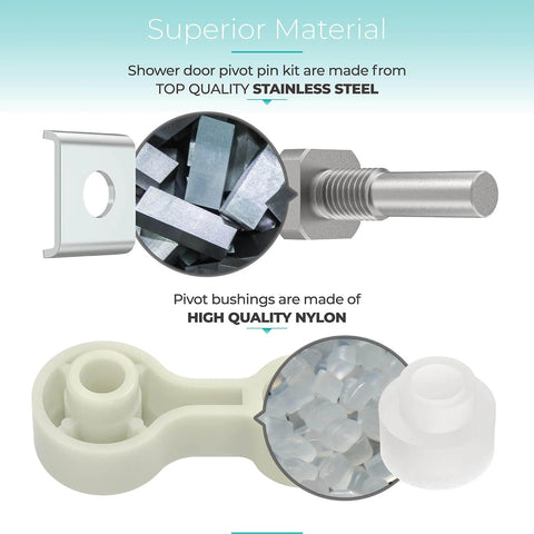 Shower Door Repair Kit With Pivot Pins And Bushings For Framed And Swing Doors Stainless steel pivot pin and nylon bushing materials shown.