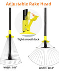 Go To Adjustable Metal Leaf Rake With Wide And Narrow Modes showing 9.8" and 20.4" widths, rustproof steel head, extendable handle.