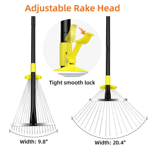 Go To Adjustable Metal Leaf Rake With Wide And Narrow Modes showing 9.8" and 20.4" widths, rustproof steel head, extendable handle.