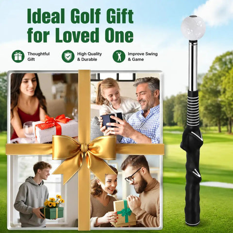 Pop Feedback Retractable Golf Swing Trainer with Click Timing Feedback and Tempo Stick gift set with family scenes