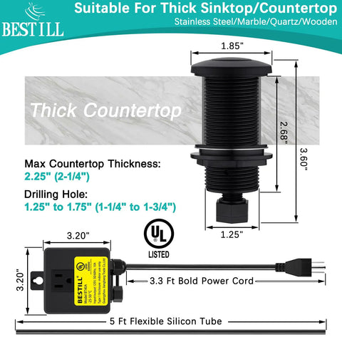 Diagram of Sink Top Garbage Disposal Air Switch Kit Matte Black 3.6 Inch Push Button With Brass Cover, including dimensions and UL certification.