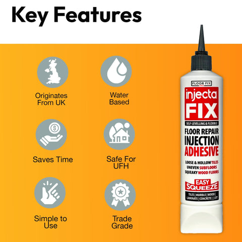 InjectaFix bottle with key features for Extra Strength Floor Repair Adhesive For Loose Or Hollow Tiles Squeaky Wood And Laminate