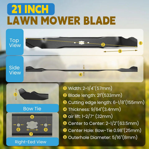 Top and side views of 21 Inch Mulching Lawn Mower Blade For Cub Cadet MTD Craftsman Troy Bilt TB110 TB200 with dimensions and features.