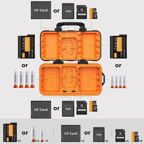Rugged Water Resistant Camera Battery And Card Case Holds 4 SD Cards 2 CF 2 XQD And 6 Micro SD Cards Plus 2 NP FZ100 Batteries Or 8 AA AAA Batteries layout