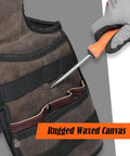 Detail of Heavy Duty Carpenter Tool Vest With Thick Top Grain Buffalo Leather And Twenty Ounce Waxed Canvas showcasing pocket with tool.