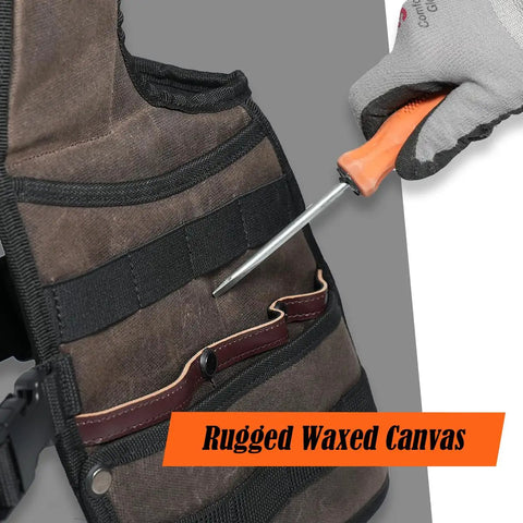Detail of Heavy Duty Carpenter Tool Vest With Thick Top Grain Buffalo Leather And Twenty Ounce Waxed Canvas showcasing pocket with tool.