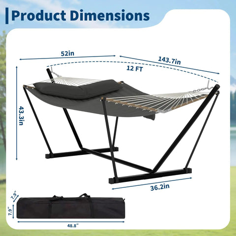 Double Outdoor Hammock With Stand For Patio Backyard And Beach, Heavy Duty Steel Frame, Portable Foldable Design, side view