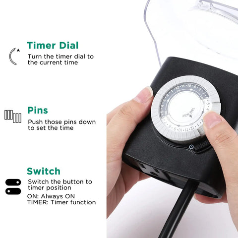 Heavy Duty Mechanical 24 Hour Outdoor Timer Outlet With Waterproof Cover Long Cord pool pump timer dial and pins for setting times.
