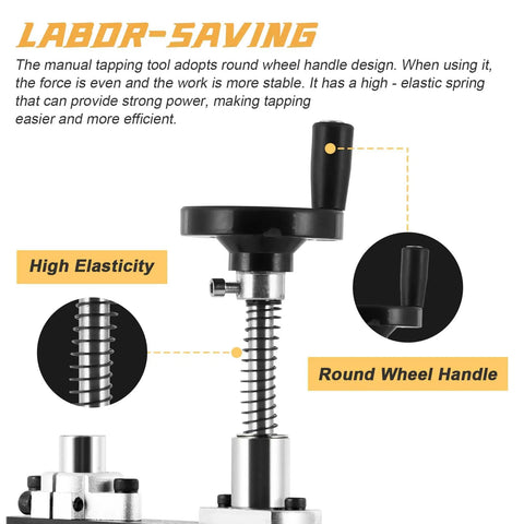Close-up of manual tapping machine with round wheel handle and spring, showing high elasticity and labor-saving design.