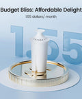Front view: Aqua Crest water filter cartridge, white cylindrical replacement for Brita/Mavea pitchers, displayed on a stand.