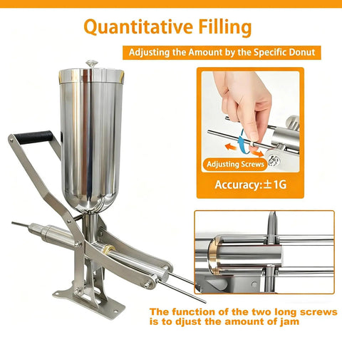 Pro Grade Donut Filler Machine 5L Manual Injector with 4 anti-drip pipes showing adjustable screws and stainless steel body.