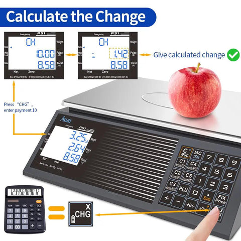 Digital Price Computing Scale 60Lb 0.02Lb NTEP Certified For Trade With Dual LCD Displays showing change calculation function