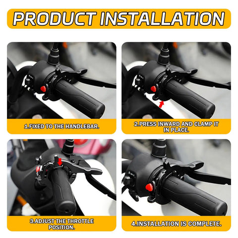 Installation steps for Ride Easy Universal Motorcycle Cruise Control Throttle Lock with Quick Release Button on handlebars.