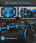 Close-up of Built Tough 65 Feet 3 Eighths Inch Hybrid Air Hose Reel with auto rewind, showing 4 rollers and adjustable guides.