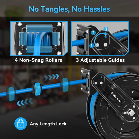 Close-up of Built Tough 65 Feet 3 Eighths Inch Hybrid Air Hose Reel with auto rewind, showing 4 rollers and adjustable guides.