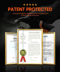 Patent protected certification display with various official documents in frames, emphasizing legal protection.