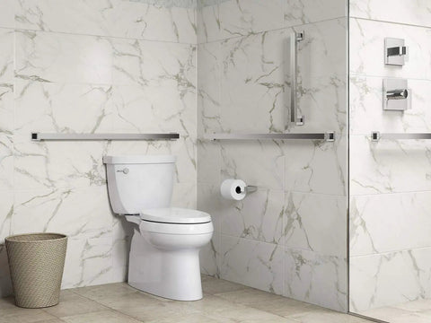 Avid Towel Arm 9 15 16 Inch Open Ended Design for easy access in modern bathrooms, shown mounted beside a toilet on marble wall