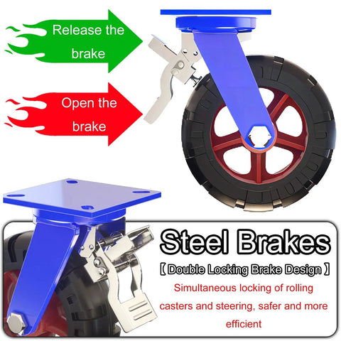 Hella Tough Heavy Duty Swivel Caster Wheels With Dual Locking Brakes And Solid Rubber Tires close-up of steel brake mechanism for secure locking.