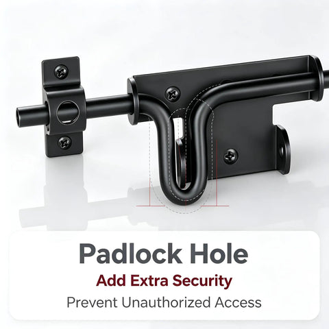 Heavy Duty Steel Gate Slide Bolt Latch with padlock hole for added security and black powder coated finish.