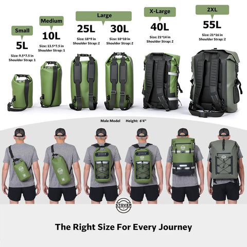 Waterproof Dry Backpack With Phone Case Large Floating Dry Bag For Kayaking Travel Hiking Fishing Camping And Beach Gear 5L To 55L Heavy Duty Roll Top Teal, various sizes in green, back view on male model