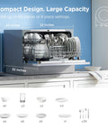 Smooth Operator Portable Countertop Dishwasher Compact 6 Place Setting Capacity For Dorms Rv Apartments Energy Star Certified No Sweat Setup Fits Seventy Items Lightweight Slick Design Perfect For Tight Spaces, loaded with dishes.
