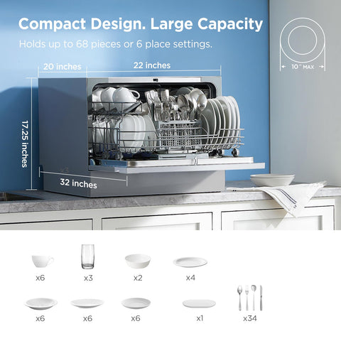 Smooth Operator Portable Countertop Dishwasher Compact 6 Place Setting Capacity For Dorms Rv Apartments Energy Star Certified No Sweat Setup Fits Seventy Items Lightweight Slick Design Perfect For Tight Spaces, loaded with dishes.