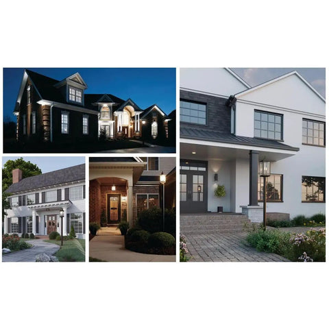 Collage showing homes with One Light Clear Beveled Glass Traditional Outdoor Post Lantern In Polished Brass For Gardens Patios And Walkways