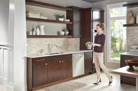 Modern kitchen with Refillable Kitchen Soap Dispenser With Above Sink Bottle In Spot Resist Stainless Finish on the counter