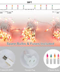 Pastel Multicolor 150 Count 33 Feet Green Wire Mini Fairy Lights 120V UL Certified Connectable Incandescent Christmas Tree Outdoor Indoor Decoration For Garden Patio Holiday Party laid out showing spare bulbs and fuses