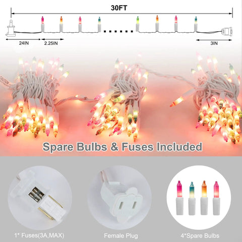 Pastel Multicolor 150 Count 33 Feet Green Wire Mini Fairy Lights 120V UL Certified Connectable Incandescent Christmas Tree Outdoor Indoor Decoration For Garden Patio Holiday Party laid out showing spare bulbs and fuses
