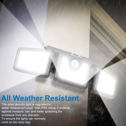 Solar Motion Sensor Flood Lights Outdoors Three Head Design With Wide Coverage And Motion Activated Technology in rain