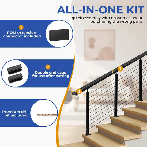 Image showcasing the all-in-one kit for Eight Foot Modular Black Stainless Steel Handrail for easy assembly and installation.
