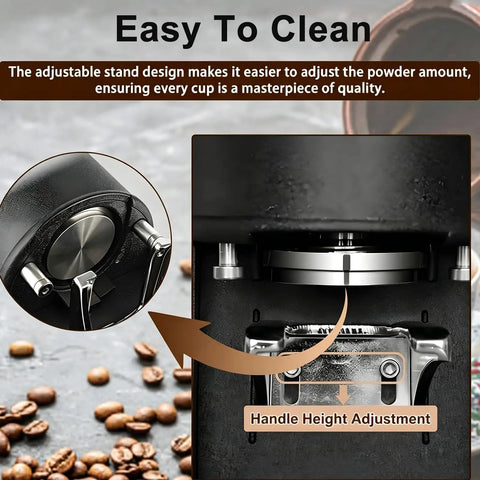 Top Shelf 58mm Electric Coffee Tamper With Knockout Durability And Quick Pressure Adjustment For No Sweat Espresso Extraction That Pops Out Professional Shots Straight To Your Home Setup featuring adjustable stand for easy cleaning.