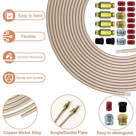 Copper-nickel brake line kit, 3/16 in OD × 25 ft, flexible corrosion-resistant tubing with 16 nuts and 4 unions