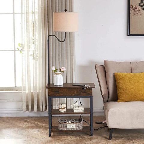 Floor Lamp With Table And USB Type C Ports, Narrow End Table With Rotating Lamp Shade next to sofa in living room