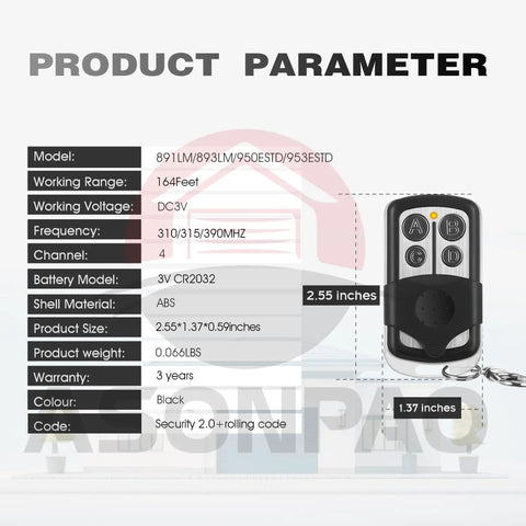 2 Pack Universal Garage Door Opener Remote Replacement For LiftMaster 893LM And 891LM, dimensions and specifications shown