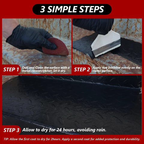 Steps to apply Rust Converter And Metal Primer For Metal Surfaces, 141 Fl Oz Black Rust Inhibitor Paint on metal surface.