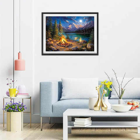 Framed Mountain Campfire By Lake Cross Stitch Kit 11 Count Aida 12 By 16 Inches For Beginners on modern living room wall