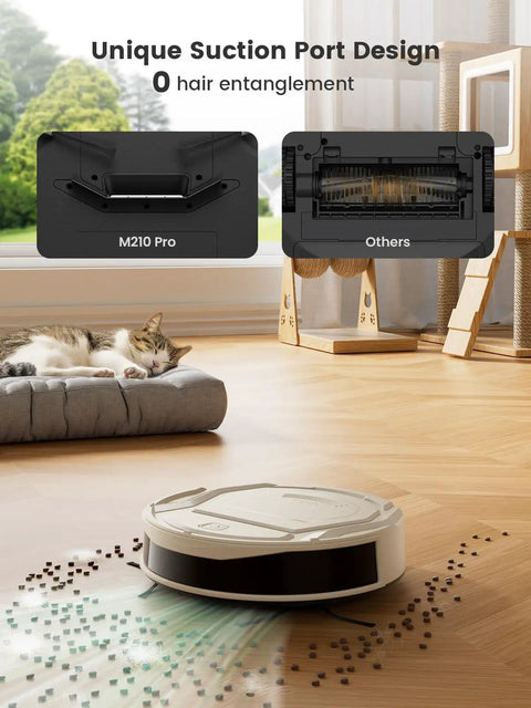 Pet Hair Slaying Slim Robotic Vacuum With Strong Suction Up To 4000Pa cleaning floor near cat with no hair entanglement