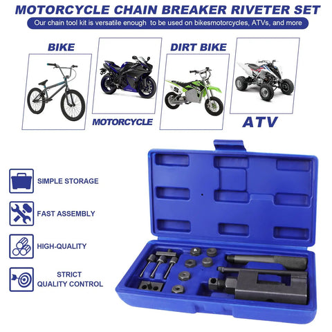 Heavy Duty Chain Breaker And Rivet Tool Set 19 Piece Chain Link Cutter Kit in blue case with tools for bikes motorcycles ATVs UTVs