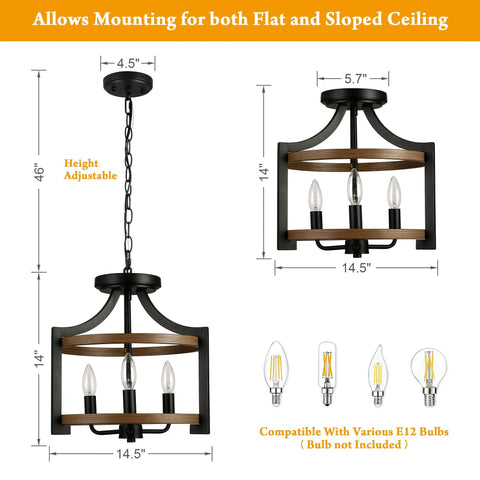 Convertible Rustic Ceiling Light Do It All Semi Flush Mount Or Pendant Farmhouse Style 46in tall sand black wood finish