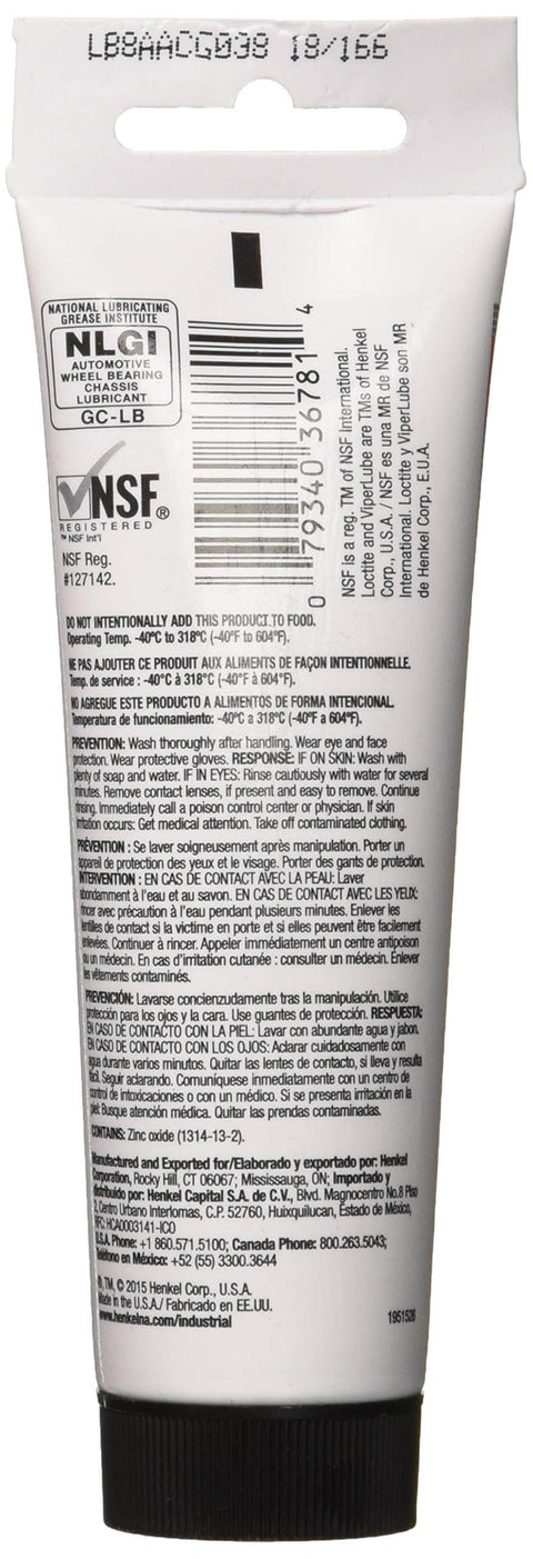 Back view of ViperLube High Performance Synthetic Grease Tube NLGI Grade 2 Severe Duty Lubricant for bearings and battery terminals.
