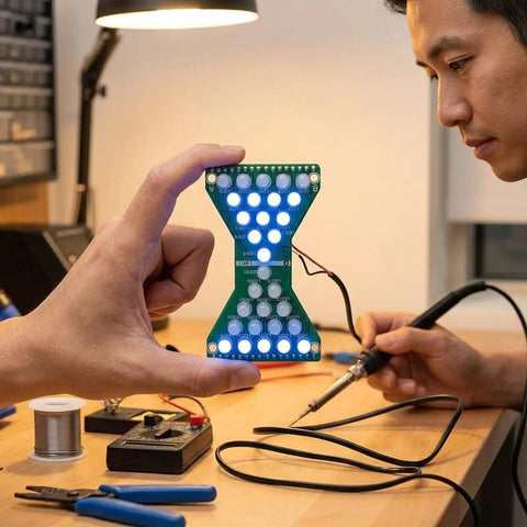 Person demonstrating Electronic Hourglass LED DIY Kit For Welding Practice, Blue Ray PCB Board Project, step-by-step guide visible.