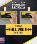 ProSensor T13 13 Sensor Stud Finder detecting full width of stud on wood and metal wall with built-in bubble level shown